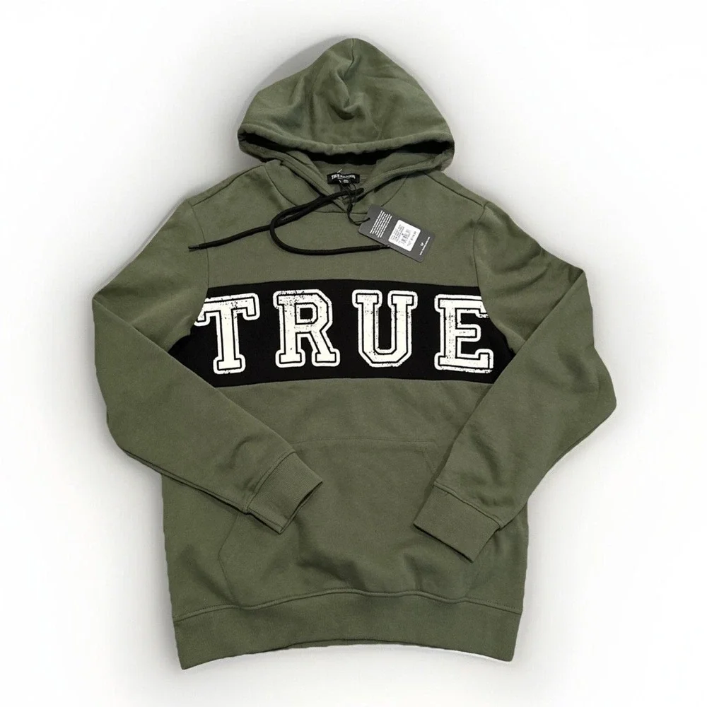True Religion Contrast Panel Hoodie Mens M Bronze Green Logo Pullover NWT $119